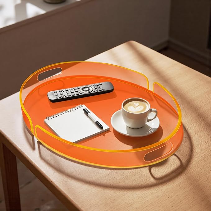 Acrylic Serving Tray with Handles Large Decorative Ottoman Tray 17x13'' Round for Bathroom Food Coffee Fruit Snack Tea Dinner Living Room, Neon Orange