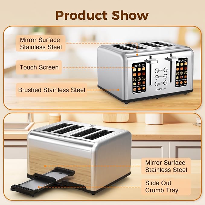 4 Slice Touch Screen Toaster, Stainless Steel Toaster with Wide Slots for Bagels and Bread, Reheat/Defrost/Cancel Functions, Removable Crumb Tray, Silver