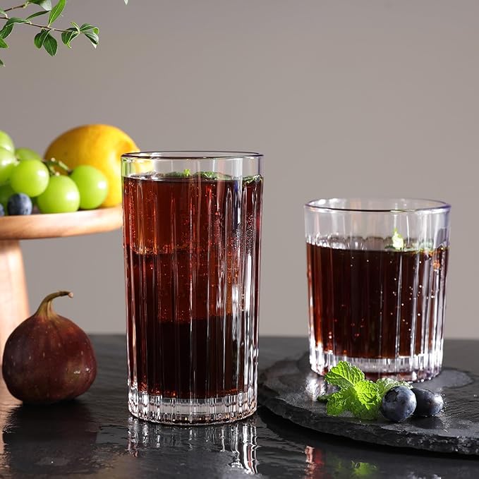 Premium VertiLine 13.5oz Highball Glasses, 6pc Tall Glass Sets. Lead-Free Crystal Drinking Glasses. Water Glasses, Mojito Glass Cups, and Mixed Drink Cocktail Glass Set. (Tall glasses)