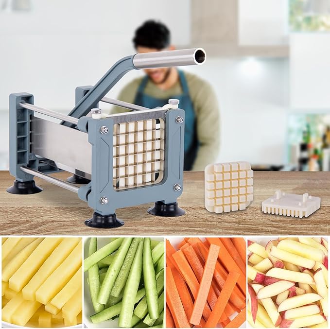 Rismonar French Fry Cutter Potato Slicer Stainless Steel With 1/2in 1/4in 3/8in Blade for Carrots Cucumbers Vegetables (Green, Machine + 3/8)