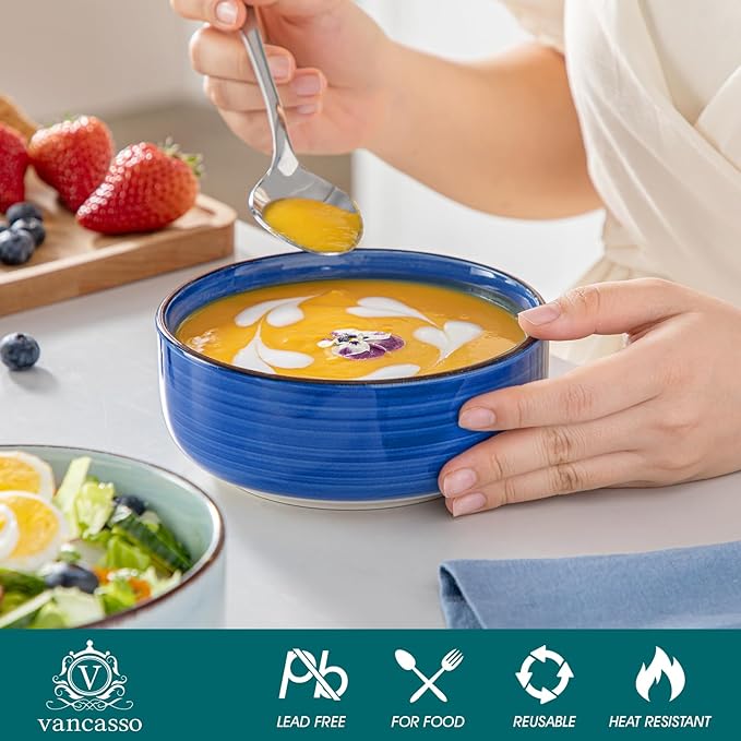vancasso Bonita Cereal Bowl Set of 6, 24 Oz Ceramic Bowls for Kitchen, Dishwasher & Microwave Safe Bowls for Soup, Cereal, Dessert, Fruit, Blue Colored Bowl Set