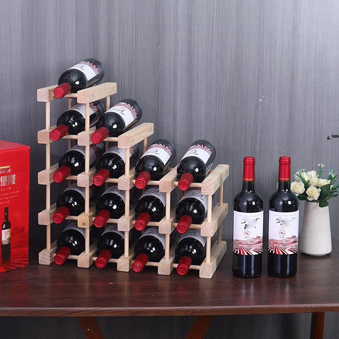 Wine Rack Small countertop Cabinet Stackable Storage Wooden freestanding Floor Wine Holder (15 Bottles)