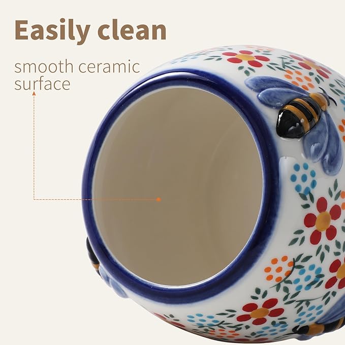 ZOOBEE 10oz Honey Jar with Dipper and Lid Farmhouse Style,Honey Pot with Dipper, Handpainted Honey Pot with Bees,Easily Wash-Spring Delight