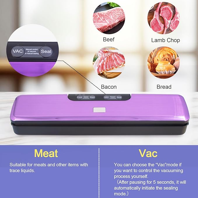 Flyfox Vacuum Sealer Machine - Strong, Multi-functional, and Fast Compact for Multi Food Storage with Low Noise, includes Vac, Sealer, Meat, Dry, Soft, 5 Modes with Vacuum Seal Bags, Purple