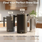 Extra Large French Press Coffee Maker 59 oz (1.75L), Large Capacity Stainless Steel Big French Press XL, Thermal Insulated Black Coffee Maker with Double Walled Insulation, Gray