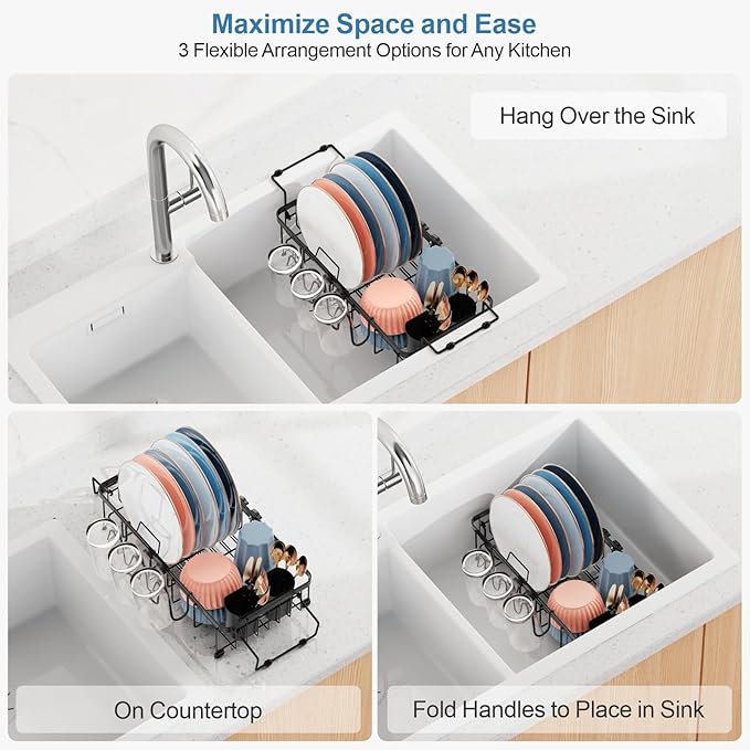 iSPECLE Small Sink Dish Drying Rack, Capacity Expandable Narrow Dish Drainer for RV Kitchen Counter with Cup Holder and Utensil Holder, Fit for 12"~18.3" Sink, Black