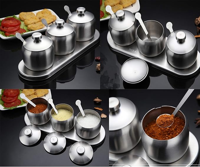 TENT TENTA KITCHEN 18/8 Stainless Steel Seasoning Containers Set Spice Jar Spice Rack Condiment Cruet Bottle Salt Pepper Sugar Storage Organizers with 3 Serving Spoons And Non-slip Base