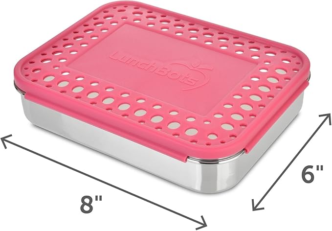 LunchBots Large Trio Stainless Steel Lunch Container -Three Section Design for Sandwich and Two Sides - Metal Bento Lunch Box - Eco-Friendly - Stainless Lid - Pink Dots