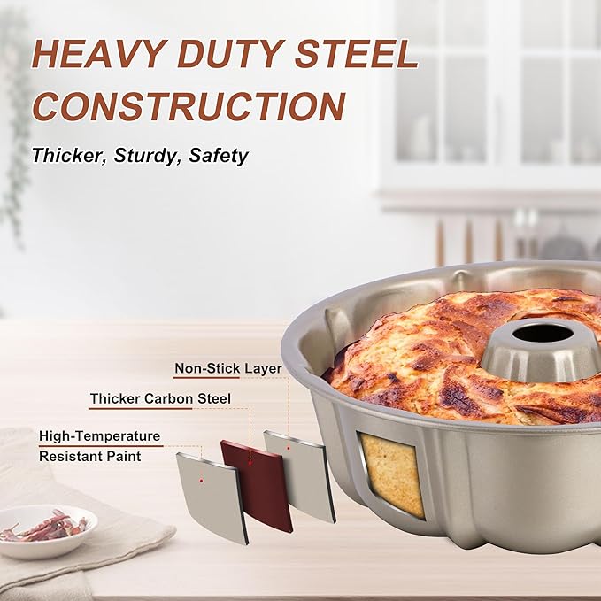 Homikit Nonstick Cake Pan Set of 2, Heavy Duty Carbon Steel Fluted Tube Round Pans 10 Inch 10 Cups for Baking Pound Cakes, Jello, Brownie, Monkey Pumpkin Bread, Oven Safe & Easy Release, Gold