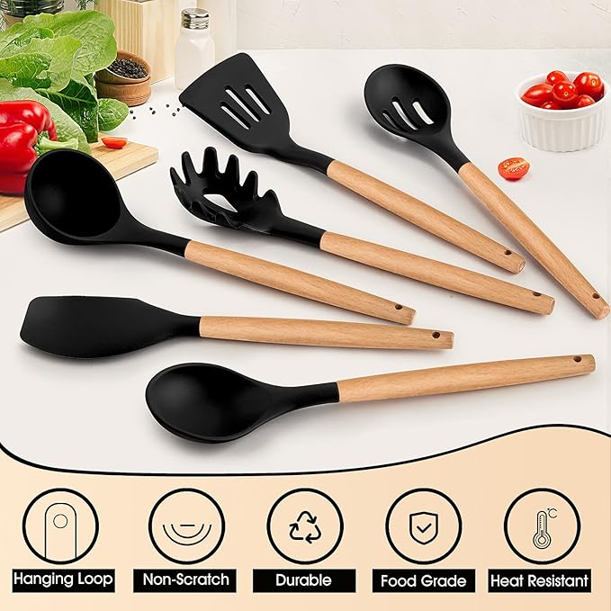 E-far Cooking Utensils Set of 6, Silicone Kitchen Utensils with Wooden Handle, Non-stick Cookware Friendly & Heat Resistant, Includes Spatula/Ladle/Slotted Turner/Serving Spoon/Spaghetti Server(Black)