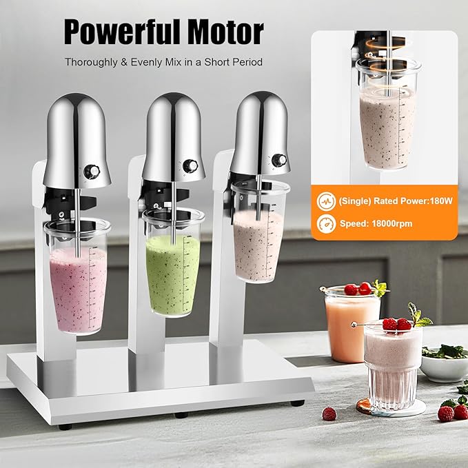 Milkshake Maker Three Head Electric Drink Mixer Commercial Milkshake Blender, 180W Stainless Steel Smoothie Mixer For Making Yogurt, Milk, Cocktails, Smoothies(Three Head,180W)