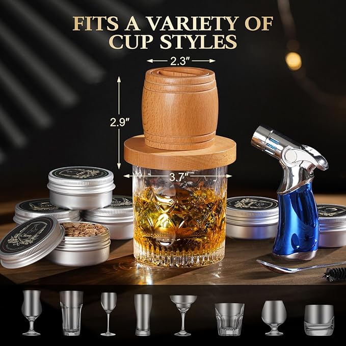 Whiskey Smoker Kit with Torch - Old Fashioned Cocktail Smoker Kit with 6 Flavors Wood Chips | 2 XL Stainless Steel Ice Balls & 2 Glasses, Christmas Bourbon Whiskey Gifts for Men, Dad(No Fuel Included)