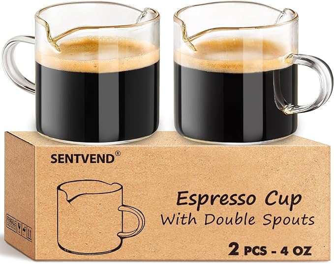 Espresso Cups Set of 2, 4 Oz Espresso Shot Glass with Handle Double Spout Cups Clear Glass Milk Cup Coffee Accessories Great for Making Coffee Desserts Salad Dressing