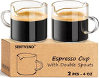 Espresso Cups Set of 2, 4 Oz Espresso Shot Glass with Handle Double Spout Cups Clear Glass Milk Cup Coffee Accessories Great for Making Coffee Desserts Salad Dressing