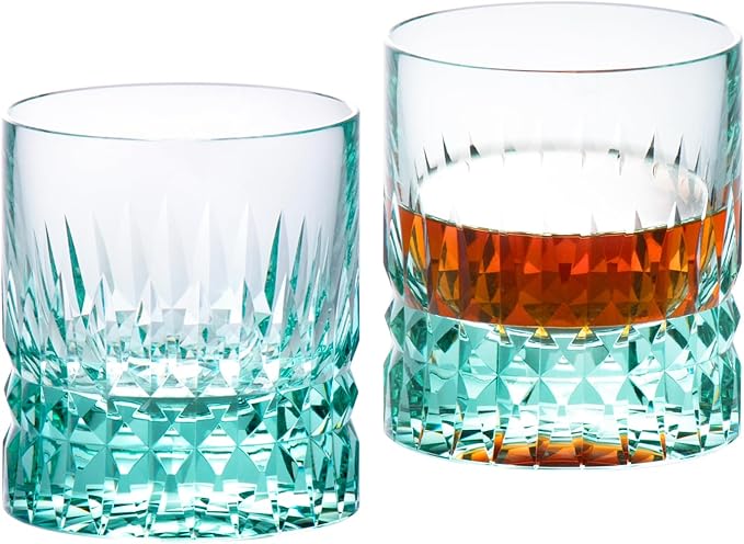 KAMMAK Crystal Whiskey Glasses Set, 7.8 oz (230 ml) Hand Blown Old Fashioned Tumbler, Thick Base Colored Glass with Delicate Rim & Seamless Design for Scotch, Bourbon, Cocktails, Aqua Green