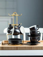 YHOSSEUN 3 Ounces Espresso Cups with Saucers Set, Porcelain Latte Cups and Metal Stand Demitasse Cups for Espresso, Latte, Cafe Mocha, Cappuccino and Tea, Set of 6, Black
