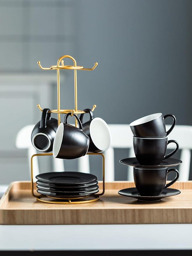 YHOSSEUN 3 Ounces Espresso Cups with Saucers Set, Porcelain Latte Cups and Metal Stand Demitasse Cups for Espresso, Latte, Cafe Mocha, Cappuccino and Tea, Set of 6, Black