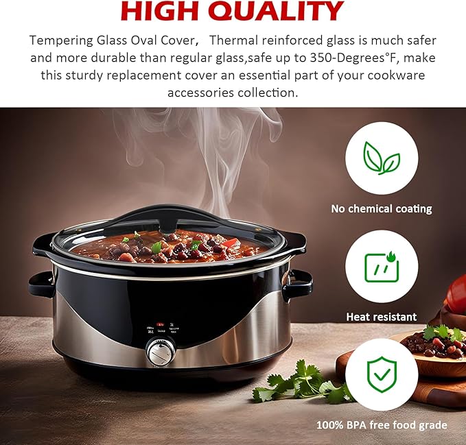 SCVP609-KLS Oval Glass Crock Pot Lid Compatible with Rival and Hamilton Beach Black Decker 6-Quart Crock Pot & Slow Cooker