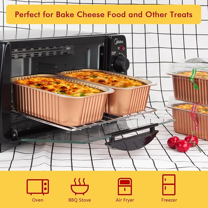 LNYZQUS 50 Pack 7” x 5” Small Aluminum Pans with Lids, 30oz Heavy Duty Foil Baking Tins Large To Go Containers,Individual Leftover Containers Baked Food Holders Boxes for Oven-Champagne