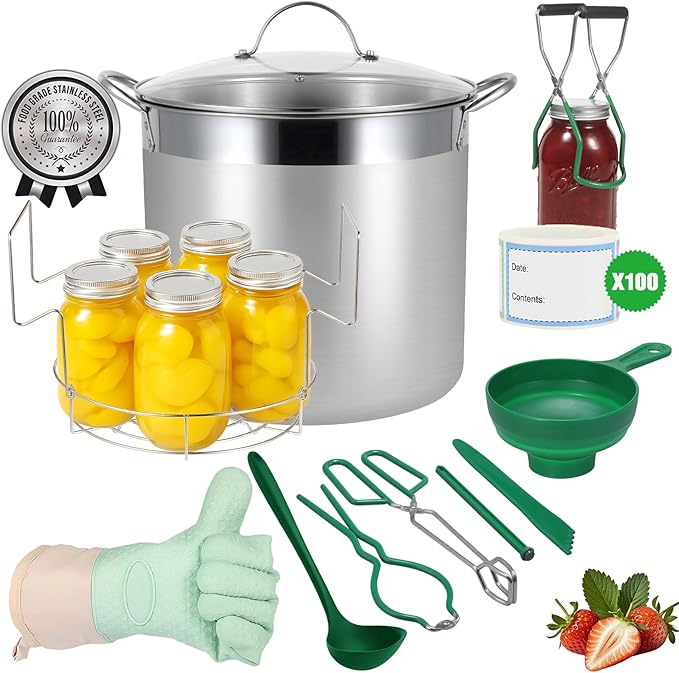 Stainless Steel Canning Pot with Rack and Lid, Large Water Bath Canner, Full Home Canning Supplies Starter Kit (20 Quarts, Green)