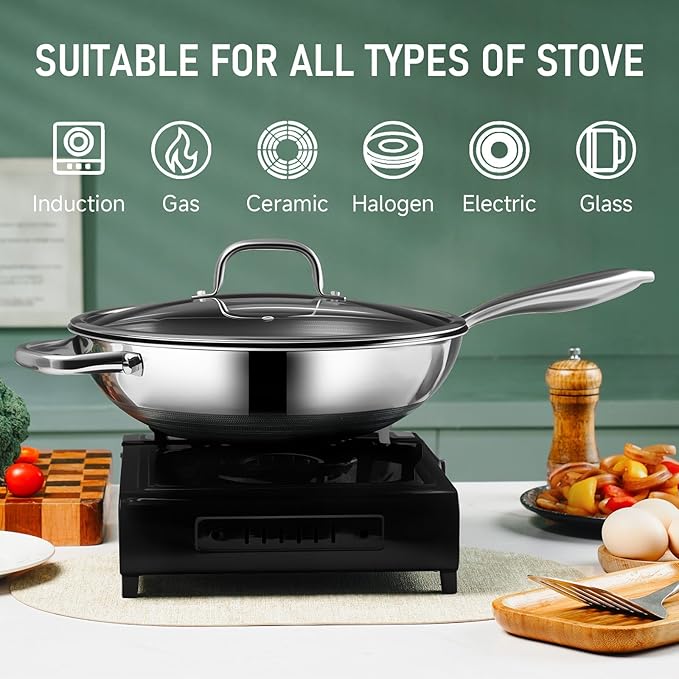 Hybrid 12-Inch Wok with Steamer,Nonstick Stainless Steel Woks & Stir-fry pans with Lid,Stay-Cool Handle,PFOA Free Cookware,Dishwasher and Oven Safe, Works on Induction