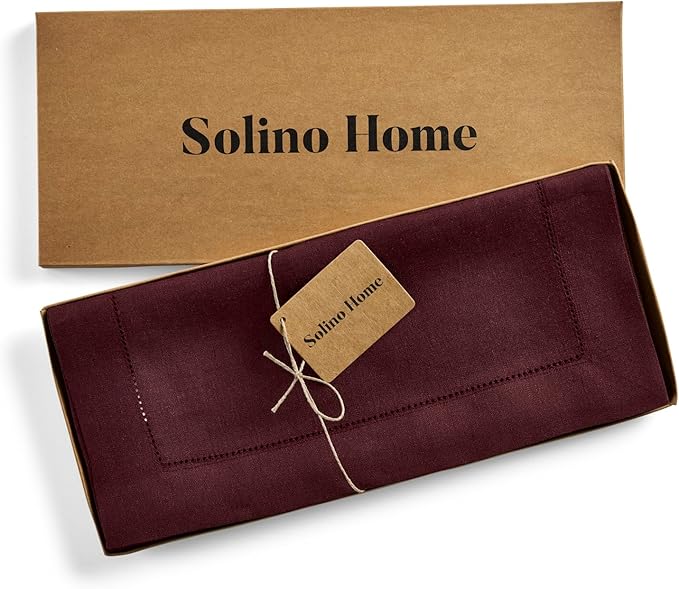 Solino Home Linen Burgundy Table Runner 72 Inches Long - 100% Pure Linen Hemstitch Table Runner 14 x 72 Inch for Dresser, Dining, Summer, Fall, Autumn, Halloween - Classic Hemstitch