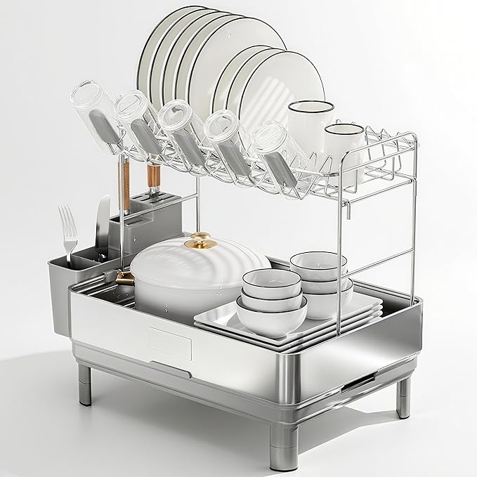 Dish Drying Rack, 2 Tier Large Dish Rack, Stainless Steel Dish Drainer for Kitchen Counter, Dishes Rack with Automatic Drainage, Utensil Holder&Cups Holder,Space Saving Kitchen Organizer,Gray