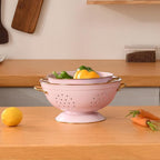 Metal Colander Set of 2, Strainer Basket with Handles 3.5 & 5 Qt Powder Coated Self-draining Solid Ring Base Metal Large Kitchen Colander Bowel for Pasta Vegetable Fruit (PINK), 2pack