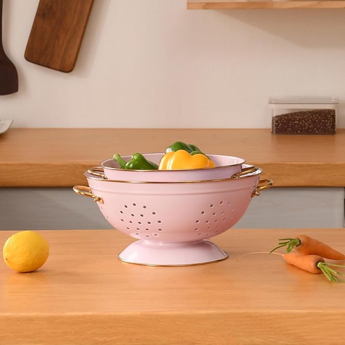 Metal Colander Set of 2, Strainer Basket with Handles 3.5 & 5 Qt Powder Coated Self-draining Solid Ring Base Metal Large Kitchen Colander Bowel for Pasta Vegetable Fruit (PINK), 2pack