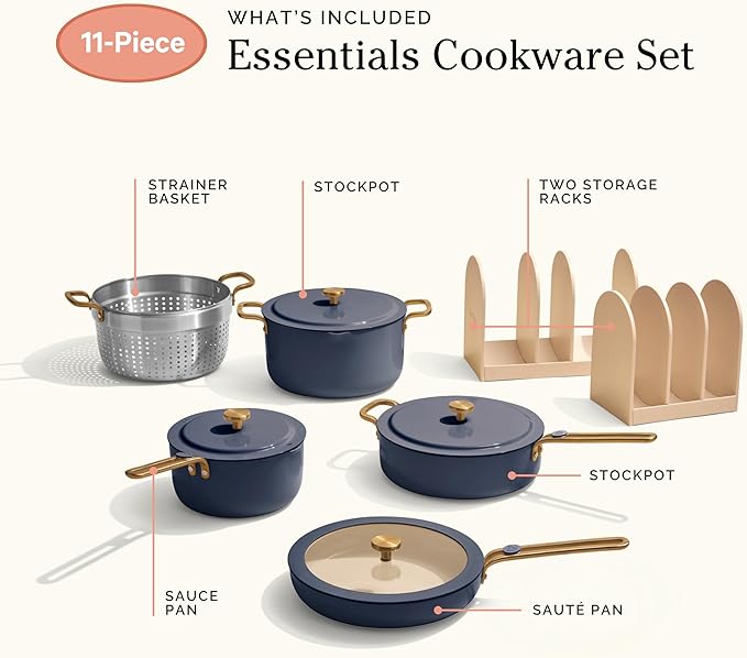 Our Place 11-Piece Essentials Complete Cookware Set - Ceramic Fry Pan, Saucepan, Sauté Pan, Stock Pot, Strainer Basket & Rack Storage | Thermakind™ Nonstick, Oven Safe up to 450°F | Blue Salt