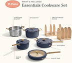 Our Place 11-Piece Essentials Complete Cookware Set - Ceramic Fry Pan, Saucepan, Sauté Pan, Stock Pot, Strainer Basket & Rack Storage | Thermakind™ Nonstick, Oven Safe up to 450°F | Blue Salt
