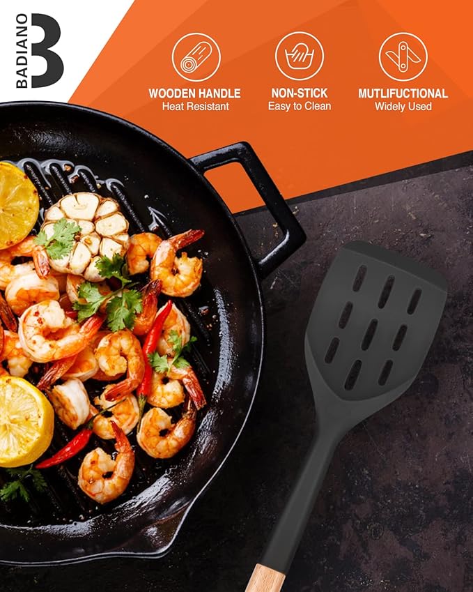 Pack of 2 Silicone Spatula, Non Stick Cooking Utensil Set Wooden Handle Kitchen Turner for Baking Mixing Grilling Serving Food Heat Resistant Non Scratch Hooks Included (Black)