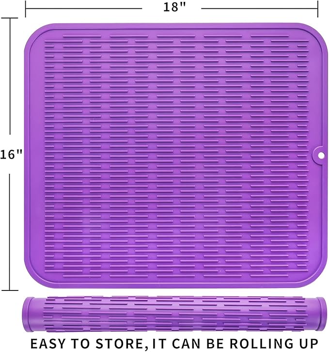 Silicone Dish Drying Mat for Multiple Usage,Easy clean,Eco-friendly,Heat-resistant Silicone Mat for Kitchen Counter or Sink,Refrigerator or Drawer Liner Purple XL 18 inches x 16 inches