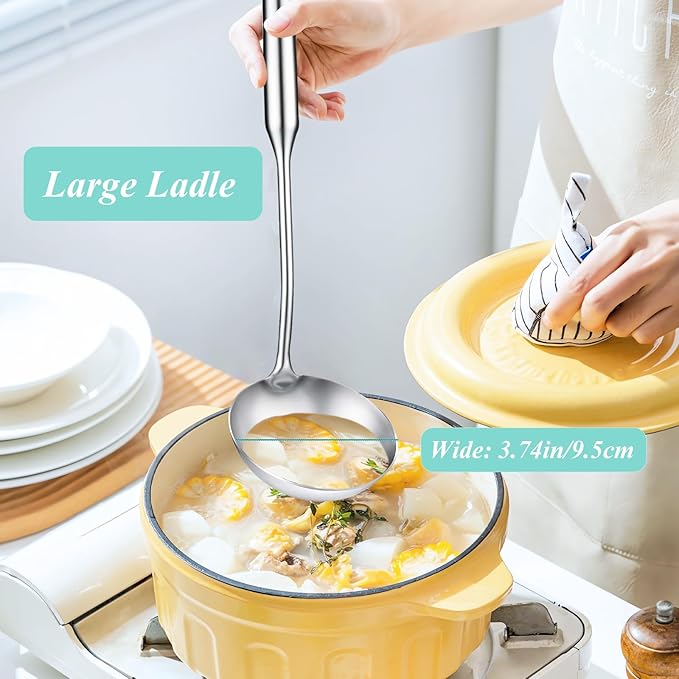Soup Ladle and Slotted Spoon Set of 2, Metal 316 Stainless Steel Kitchen Ladles Food Strainer, Large Cooking Ladel and Fryer Scoop Kitchen Utensil Set for Stirring Serving Draining Frying