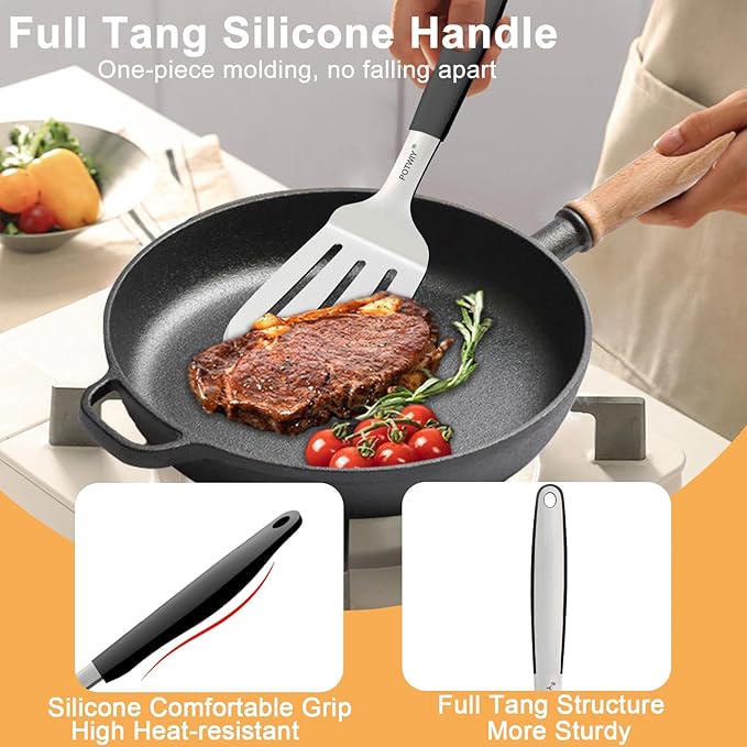 Stainless Steel Spatula Set, 2 Pcs Slotted Spatulas for Kitchen Use, Metal Turner with Silicone Handle for Cast Iron Skillet, Grilling, Cooking Utensils for Flipping Steak, Burgers, Pancake