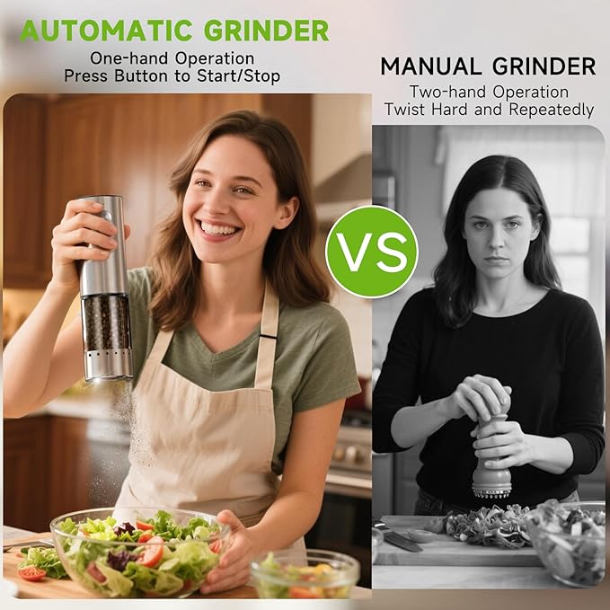 Electric Salt and Pepper Grinder Set, Rechargeable Salt and Pepper Shaker with LED light and Charging Base, Automatic Salt Pepper Mill Grinders with 6 Adjustable Coarseness, One-Hand Operation