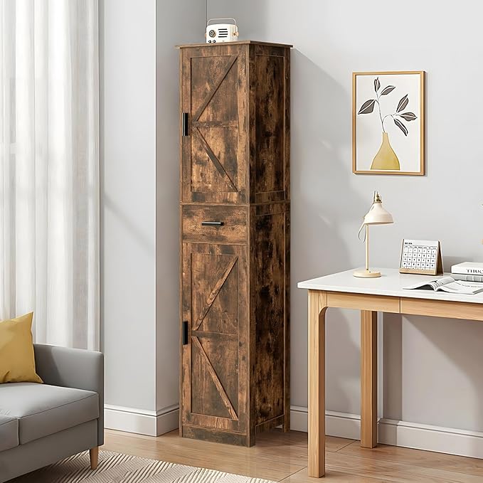 WEENFON Tall Storage Cabinet, Bathroom Cabinet with 6 Shelves & Drawer, Narrow Storage Cabinet with Adjustable Shelves, Tall Cabinet for Living Room, Home Office, Rustic Brown