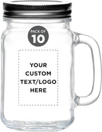 DISCOUNT PROMOS Custom Libbey Handle Mason Jars w/Lids 16 oz. Set of 10, Personalized Bulk Pack - Traditional style, High standard - Clear