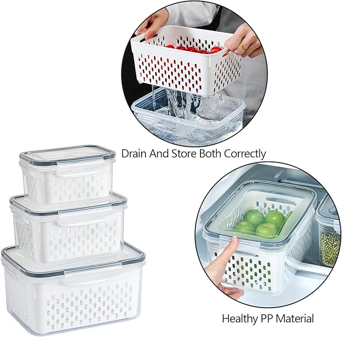 3 PCS Fruit Storage Containers for Fridge with Removable Colander, Leak proof Food Storage Containers, Airtight Food Storage Containers, Food Storage Container with Lids, Keep Food Meat Fresh