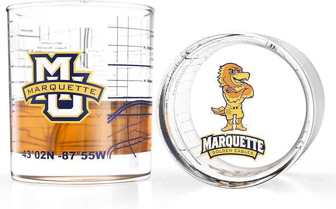 Greenline Goods – University of Marquette Golden Eagles College Whiskey Glasses (Set of 2), 10 oz – Full-Color Logo + Campus Map