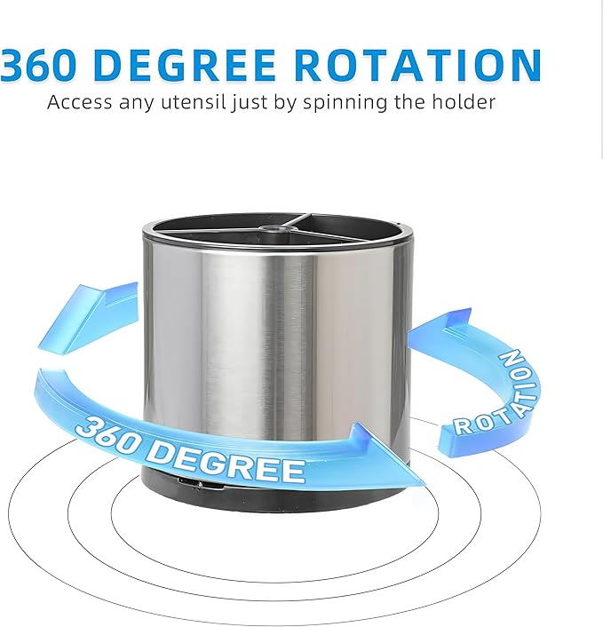 Kitchen Utensil Holder Silverware Organizer 360°Rotating For Counter Organizer Stainless Steel Storage Silverware Caddy 3 Compartment Flatware Spoon Spatula Tool Cutlery Container（Silvery）