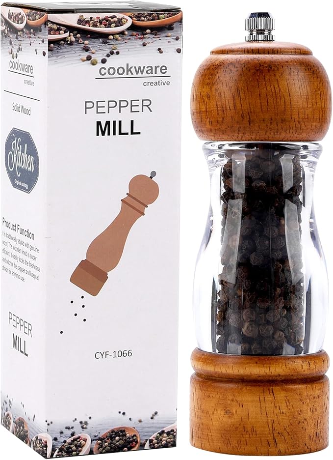 Vintage Wooden Pepper Mill Grinder- 6.3 inches Acrylic Salt & Pepper Shakers with Adjustable Coarseness, Refillable Manual Ceramic Core Grinder for Kitchen, Home, Gift