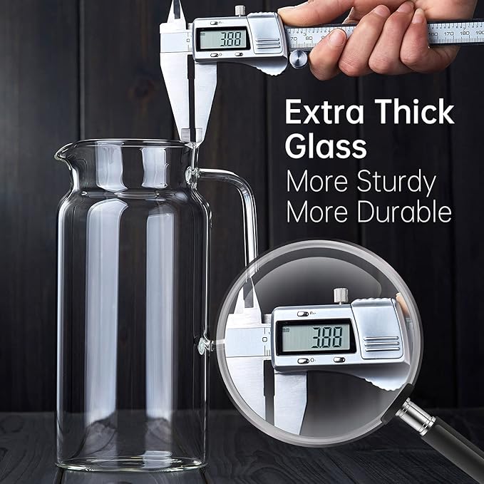 42OZ Glass Pitcher with Lid and Spout, Water Jug, 1250ml Carafe for Hot/Cold Water, Juice and Homemade Beverage, Large Iced Tea Pitcher for Coffee