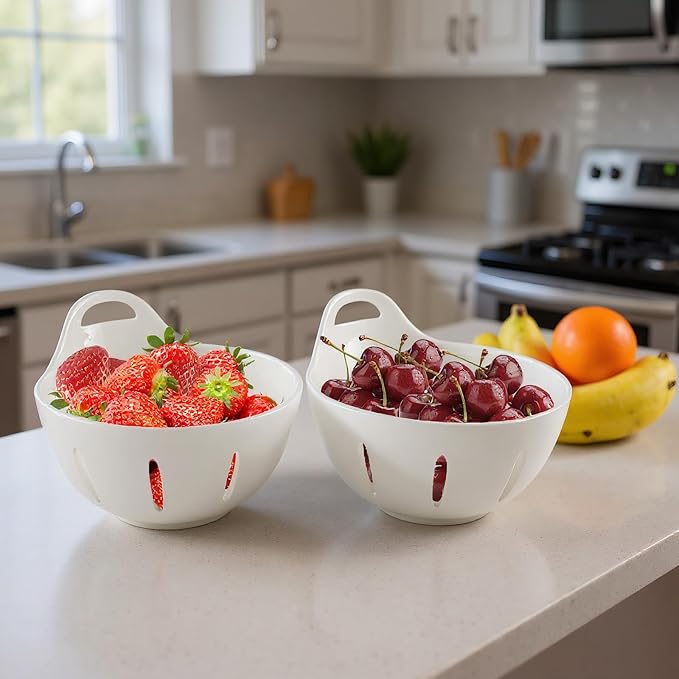 Ceramic Berry Basket,5.9 inch Fruit Bowl,Round Berry Colander with Holes & Handle,Small Fruit Basket for Kitchen Counter,Cute Containers for Berries, Strawberry, Grape, Cherry,Set of 2