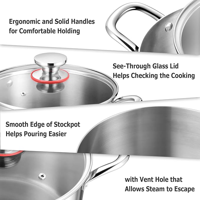 TeamFar 4.5 Quart Stock Pot, Stainless Steel Tri-Ply Cooking Pasta Soup Pot with See-Through Lid for Induction/Electric/Gas/Ceramic, Healthy & Heavy Duty, Ergonomic Handle & Dishwasher Safe