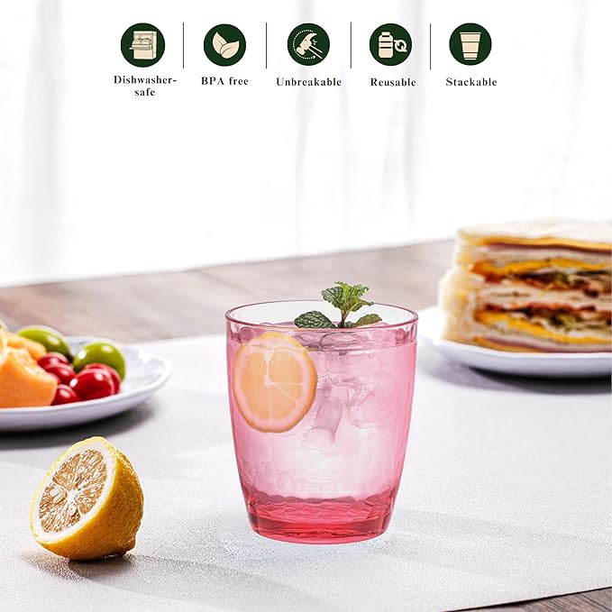 15oz Colorful Acrylic Glasses Drinkware (Set of 8), Hammered Design Unbreakable Plastic Tumblers, Reusable Plastic Drinking Glasses Cups, Stackable, BPA-Free, Dishwasher-Safe…