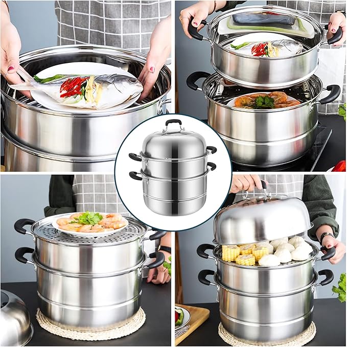 MANO Steamer Pot for Cooking 11.8 inch Steam Pots with Lid 2-tier Stainless Steel Steaming Pot Multipurpose Cookware with Handle for Vegetable, Dumpling, Stock, Sauce, Food