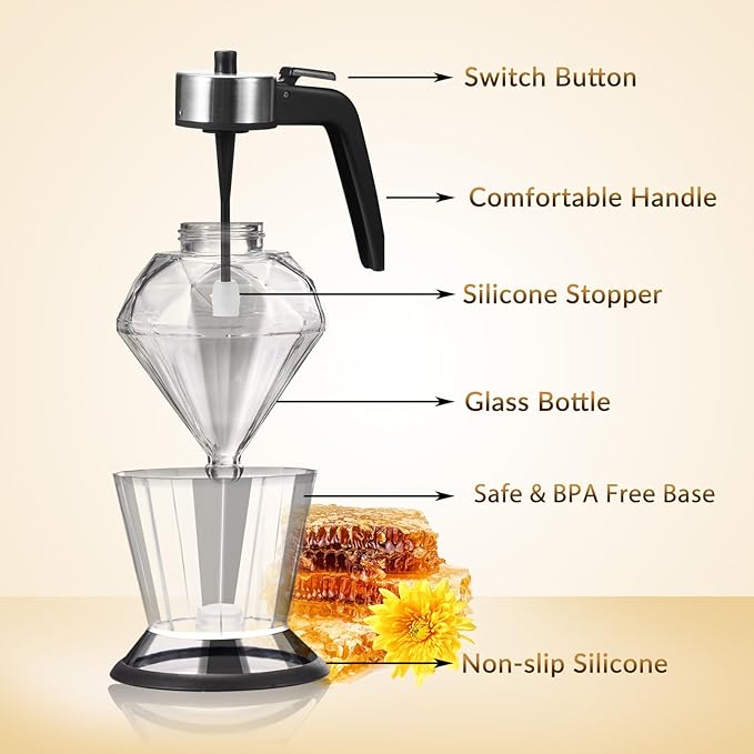 Glass Honey Dispenser, No Drip Honey Dispenser with Stand Diamond Shaped Honey Pot, Beautiful Syrup and Sugar Jar