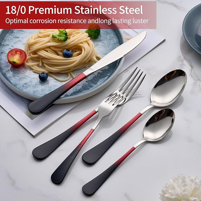 Colorful Silverware Set 20 Piece 18/0 Stainless Steel Flatware red and black Handle Cutlery Set Service for 4 Fork Knife Spoon Set Mirror Finish Dishwasher Safe