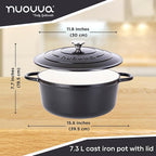 Cast Iron Dutch Oven with Lid – Non-Stick Ovenproof Enamelled Casserole Pot – Sturdy Dutch Oven Cookware – Black, 7.3-Quart, 30cm – by Nuovva